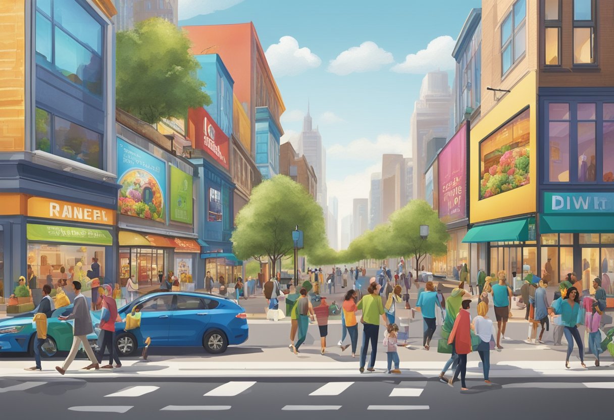 A bustling city street with a new franchise location prominently displayed in a vibrant print ad on a local media billboard. Crowds of people pass by, taking notice of the exciting new addition to the neighborhood