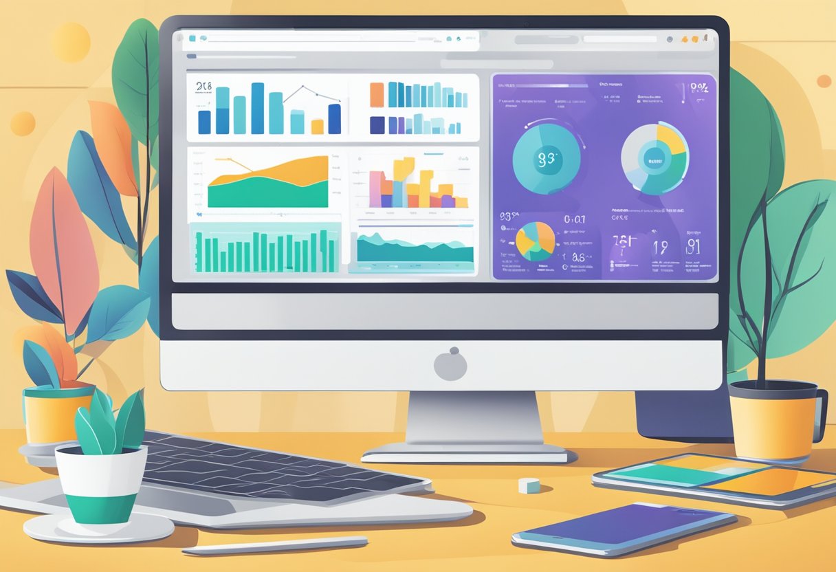 A digital marketing campaign is displayed on a computer screen, with online reviews and local store promotions highlighted. The screen is surrounded by charts, graphs, and data analytics
