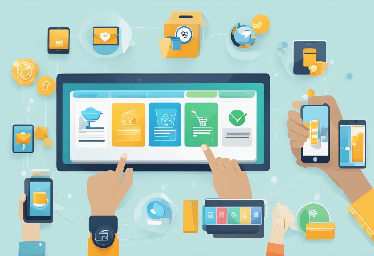 Various industries create digital loyalty programs. A diverse group of customers interacts with smartphones and tablets to access the program. Icons and symbols represent different industries