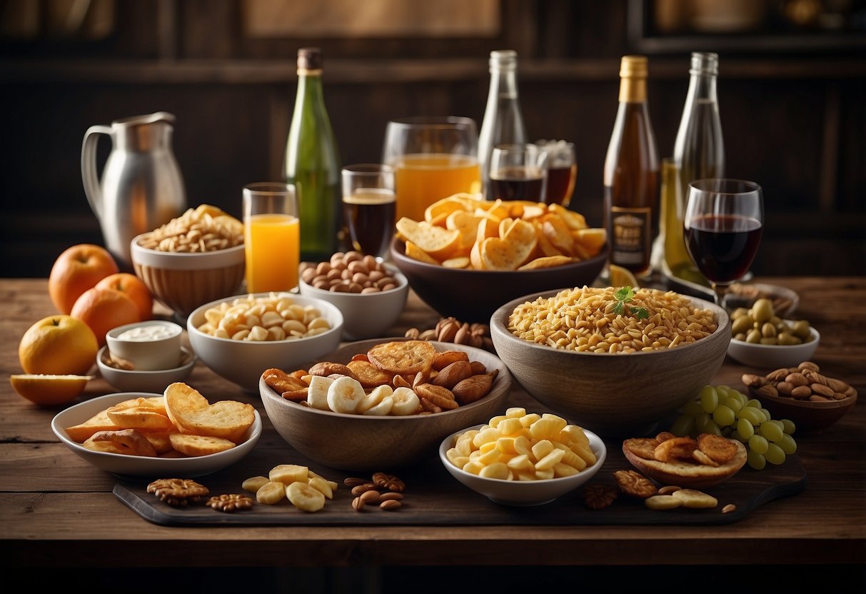 A table with various food and beverage items, surrounded by loyalty program ads and promotional materials