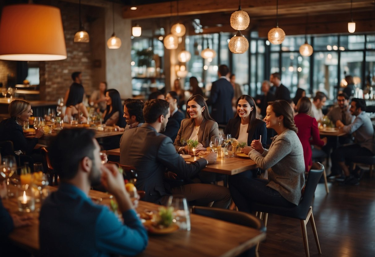 A bustling restaurant with diverse customers enjoying meals, staff interacting warmly, and vibrant decor. Plates of delicious food and colorful cocktails are being served, creating a lively and inviting atmosphere