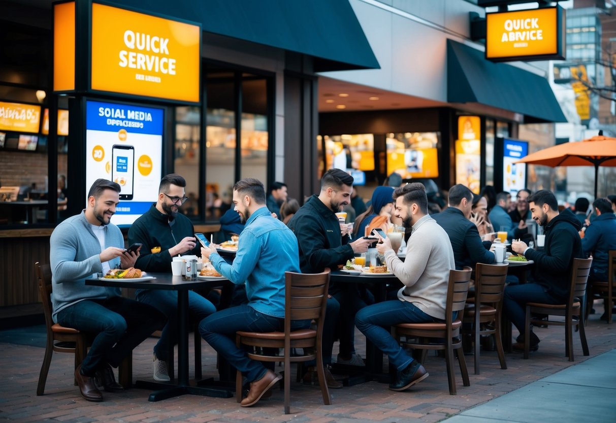 A bustling quick service restaurant with people enjoying their meals while engaging with social media ads on their smartphones. Outdoor signage and digital displays showcase the restaurant's marketing efforts