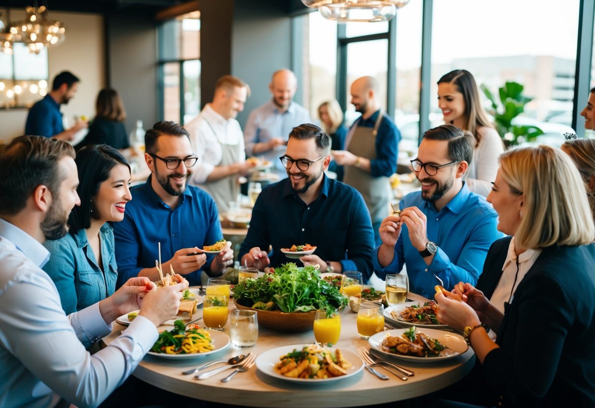 A group of local bloggers and food critics gathered around a table, engaged in lively conversation while sampling various dishes and taking notes
