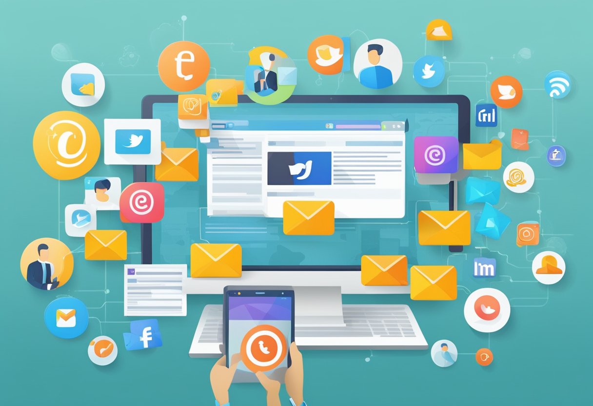 Various marketing channels (social media, print, website) merge into an email marketing campaign. Visualize seamless integration and coordination of different platforms
