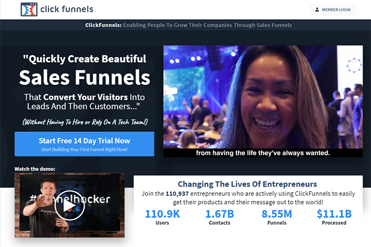 Clickfunnels website homepage screenshot.