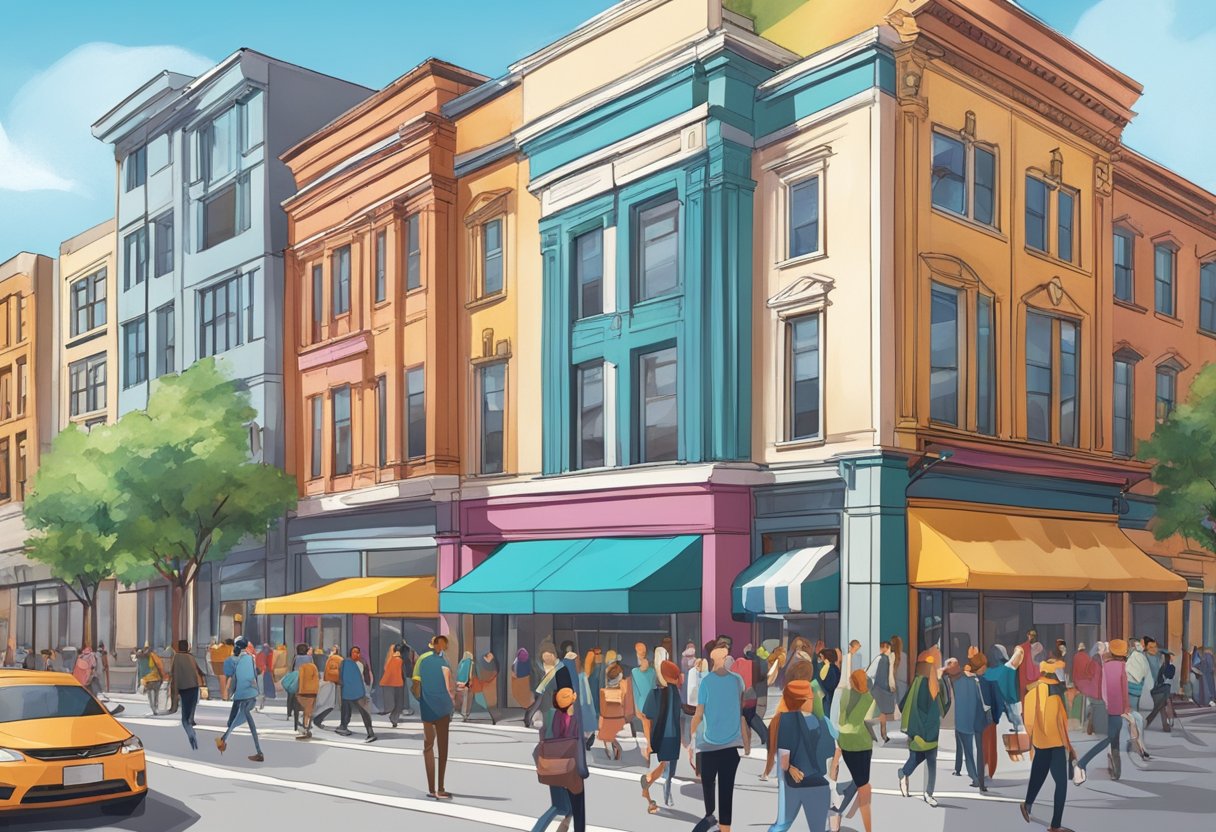 A bustling city street with a vibrant, newly opened franchise location. People are seen entering and exiting the building, with a sense of excitement and energy in the air