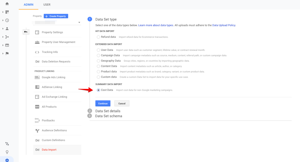 Select "Cost Data and click "Continue."