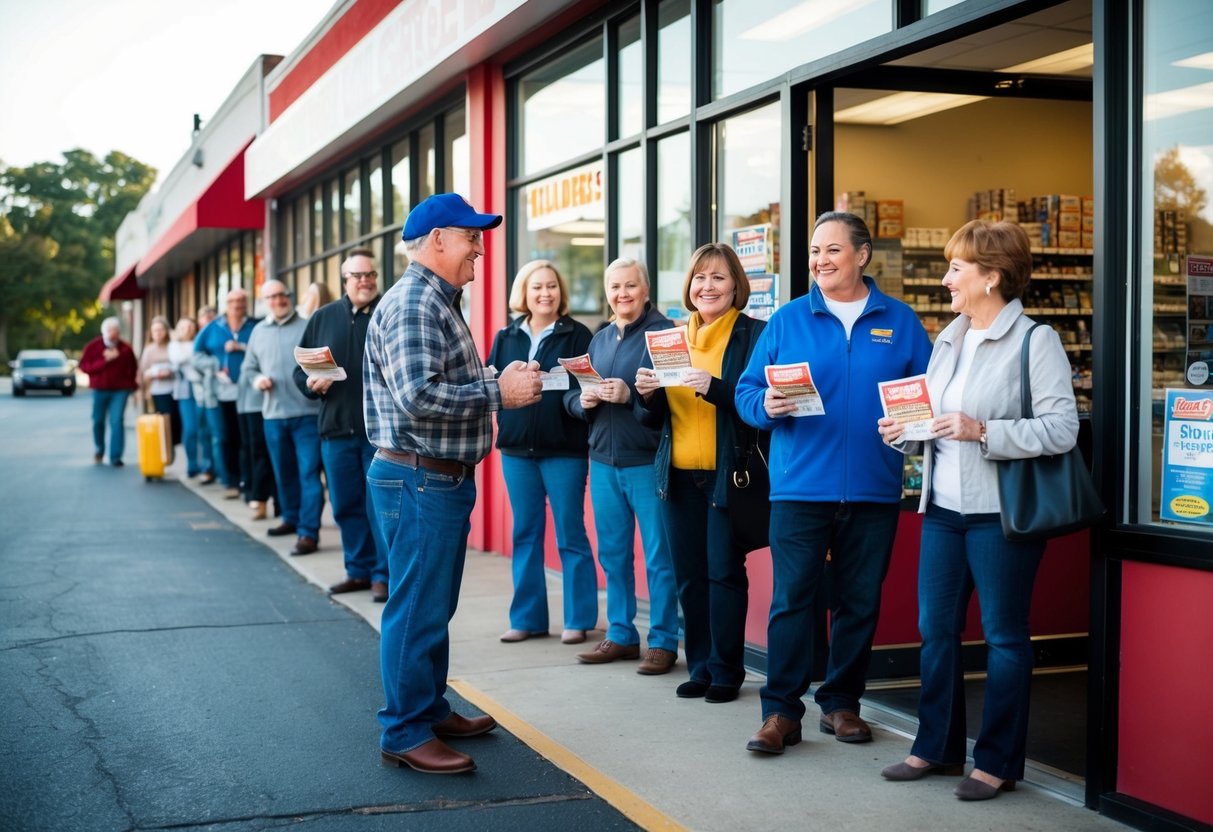 A local store with a line of customers out the door, all holding flyers or coupons, while the store owner greets them with a warm smile