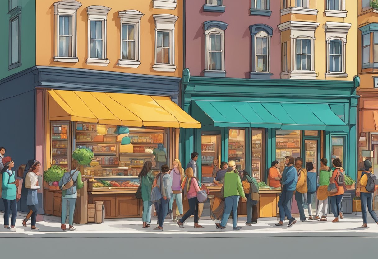 A bustling city street with a colorful storefront, surrounded by excited locals and potential customers. Outdoor signage and promotional materials draw attention