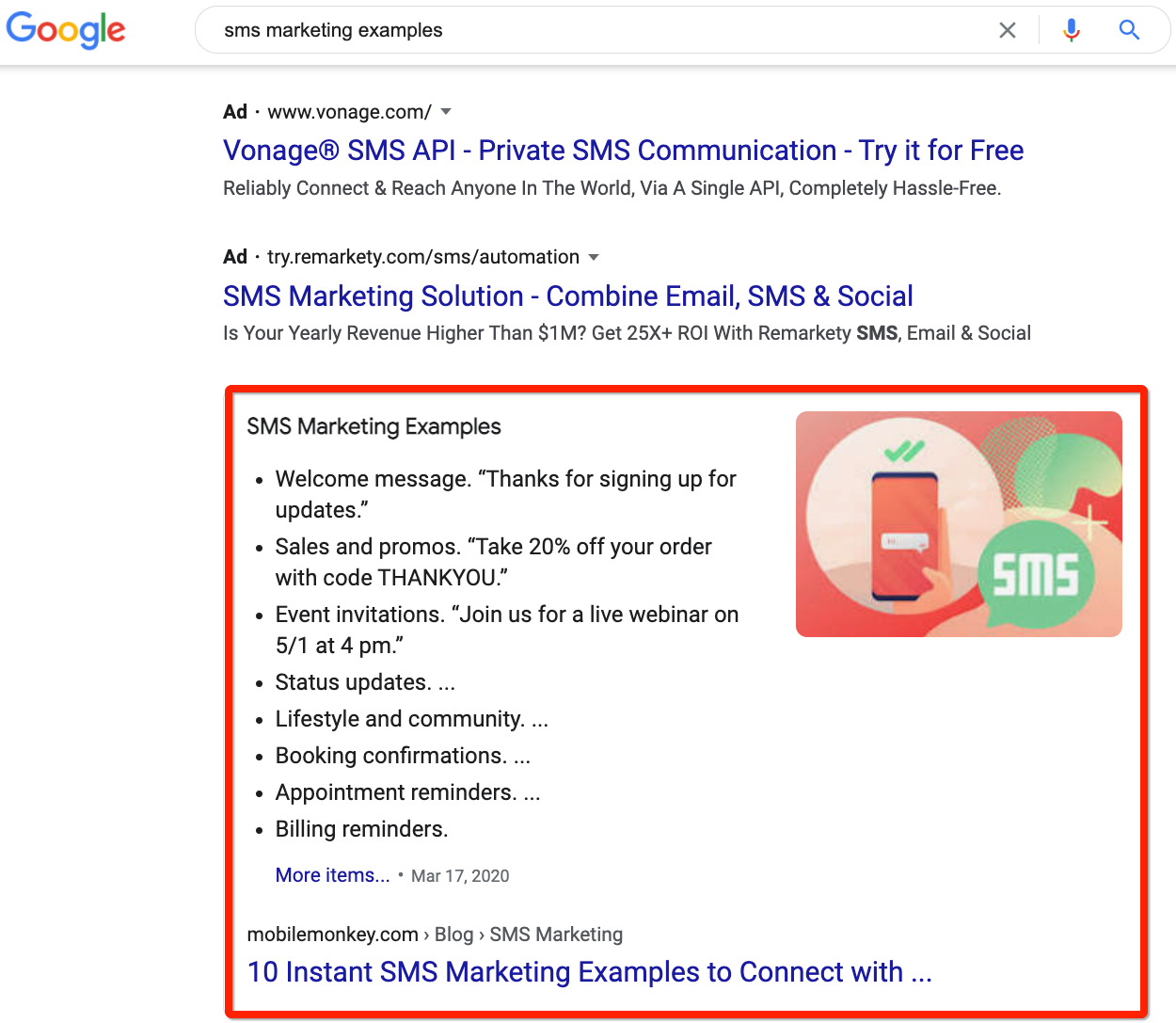 featured snippet search result for sms marketing examples