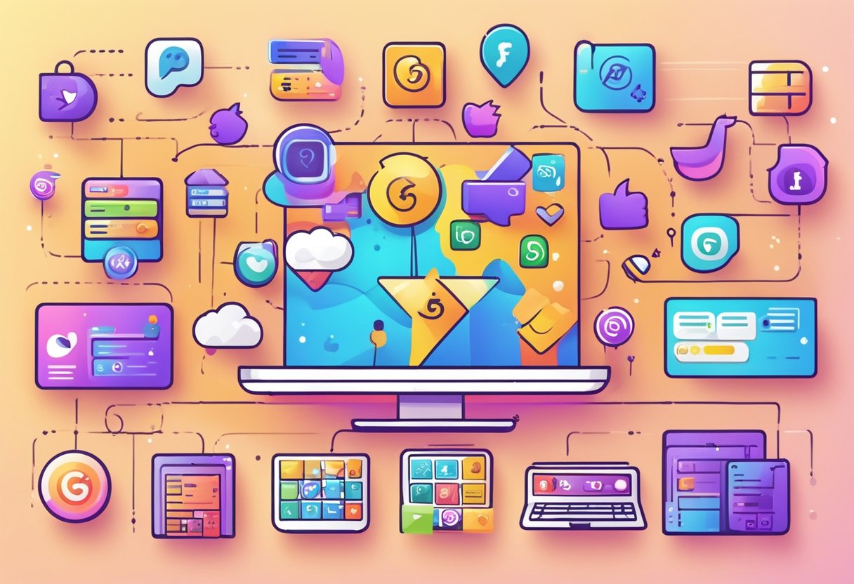 A colorful social media platform with icons for setting goals, objectives, competitions, and giveaways. Vibrant and engaging design elements