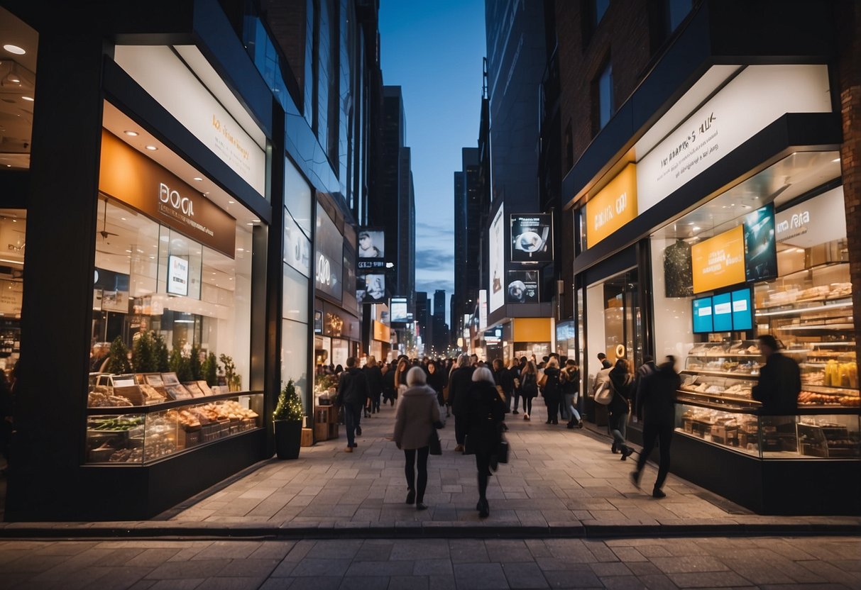 A bustling city street with a vibrant new store front, surrounded by eager customers and eye-catching digital marketing displays