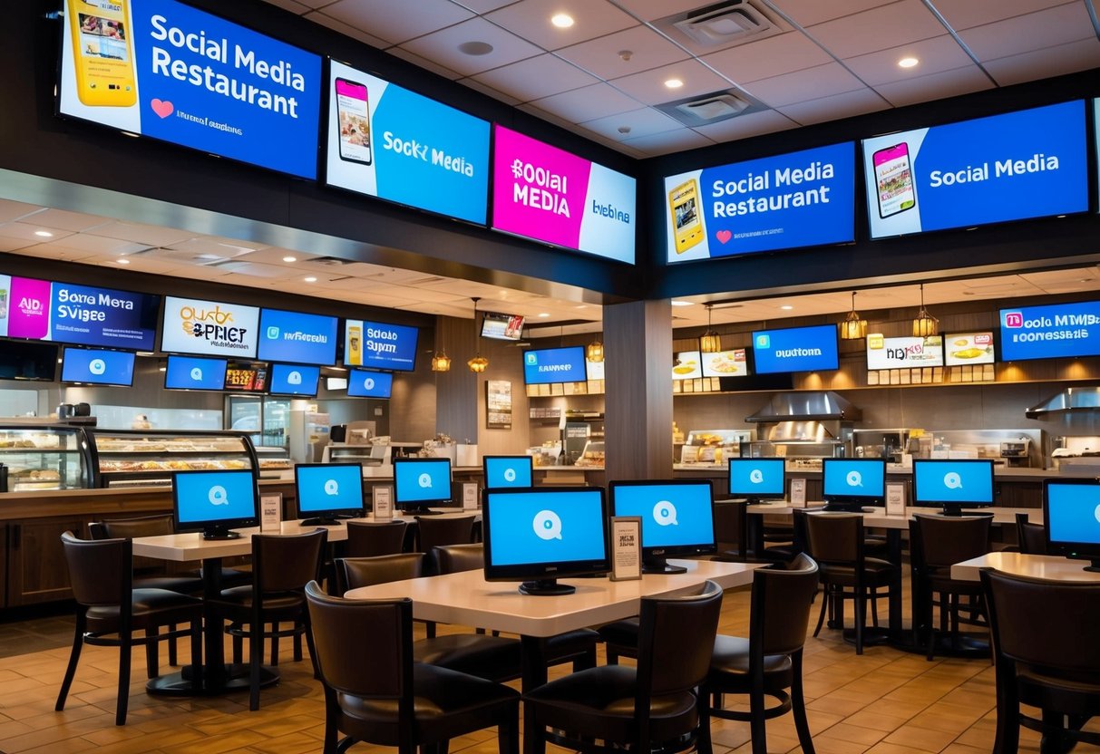A bustling quick service restaurant with a vibrant social media ad campaign displayed on various digital screens throughout the space
