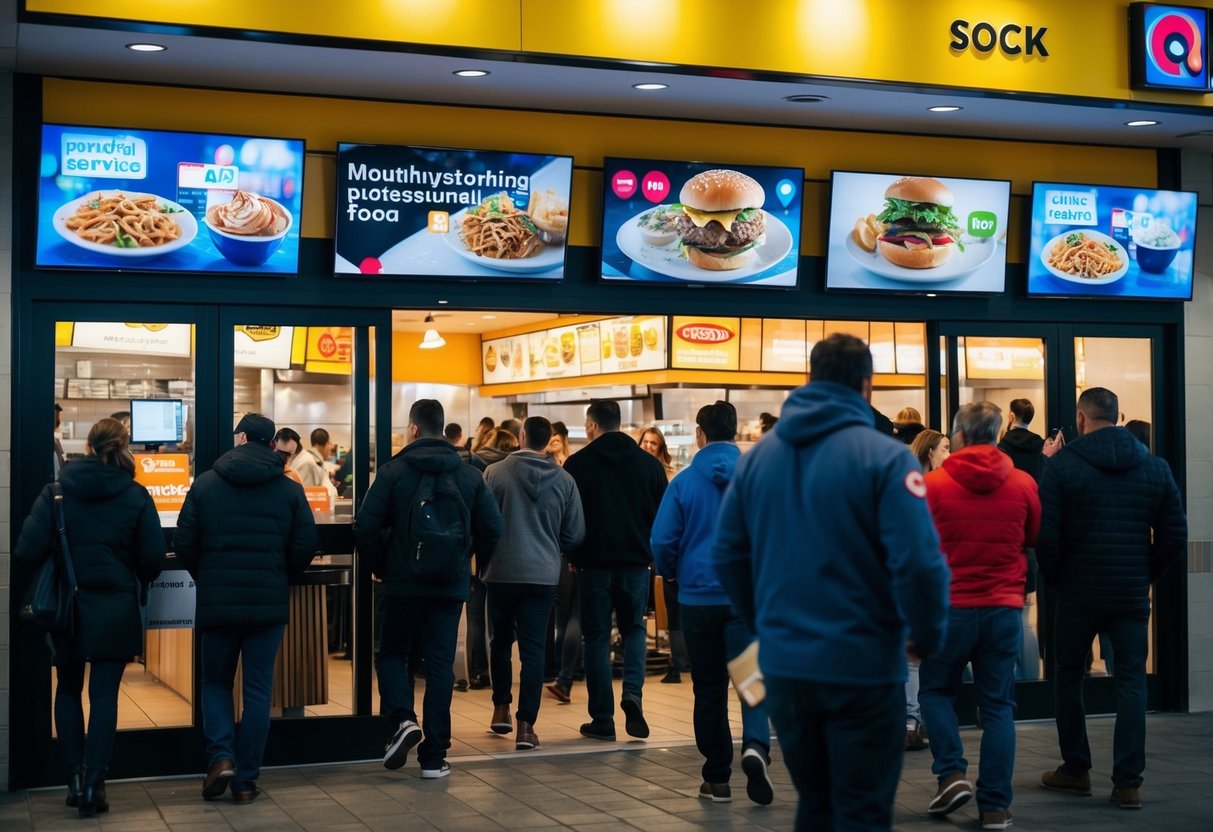 A bustling quick service restaurant with a line of customers out the door, while social media ads featuring mouthwatering food play on screens inside