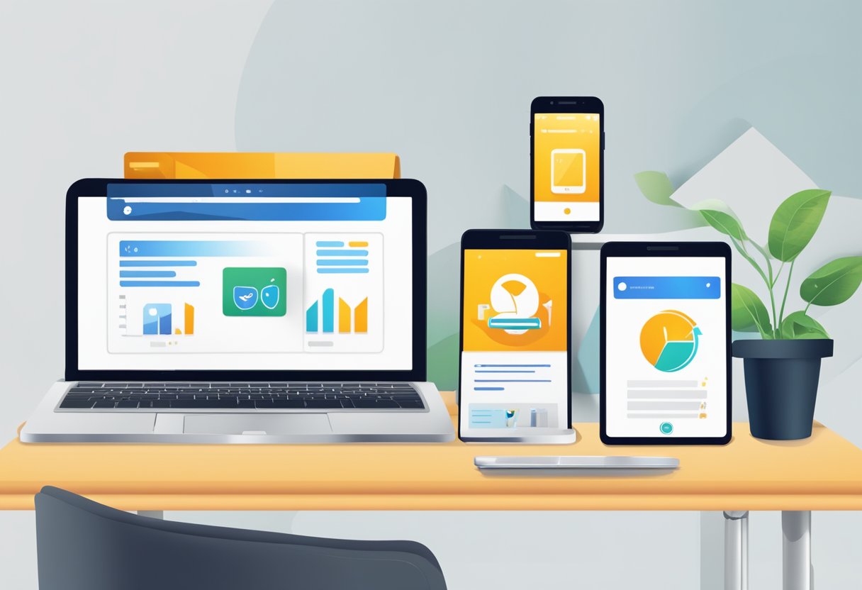 A digital loyalty programme being set up with a computer, tablet, and smartphone on a desk, with a logo and customer rewards displayed on the screens