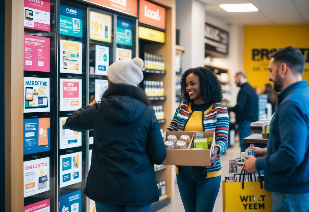 A local store with a mix of traditional and digital marketing materials, including flyers, posters, and online ads, with customers engaging and making purchases