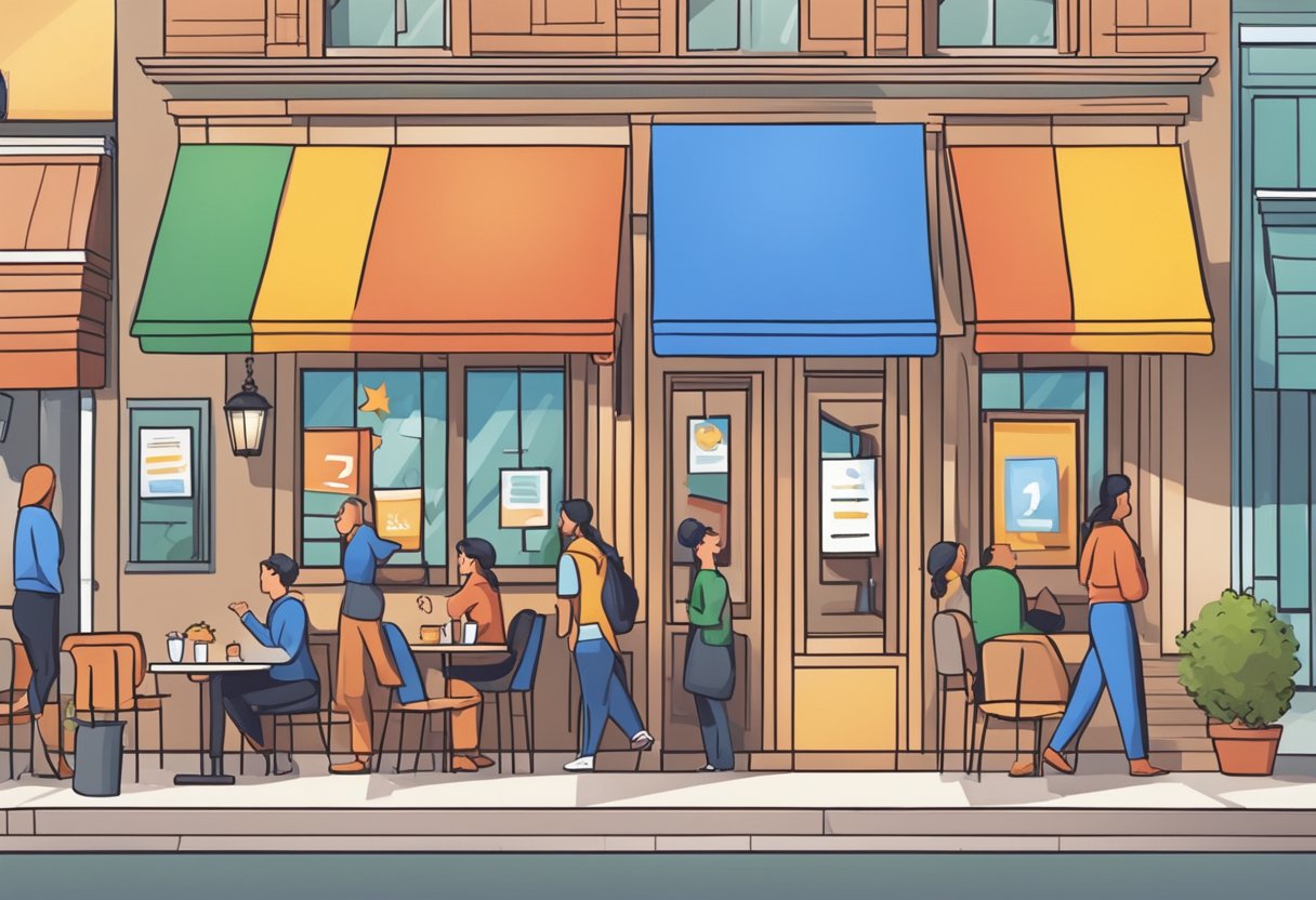 A stack of Google review stars leads to a restaurant with a line of customers out the door