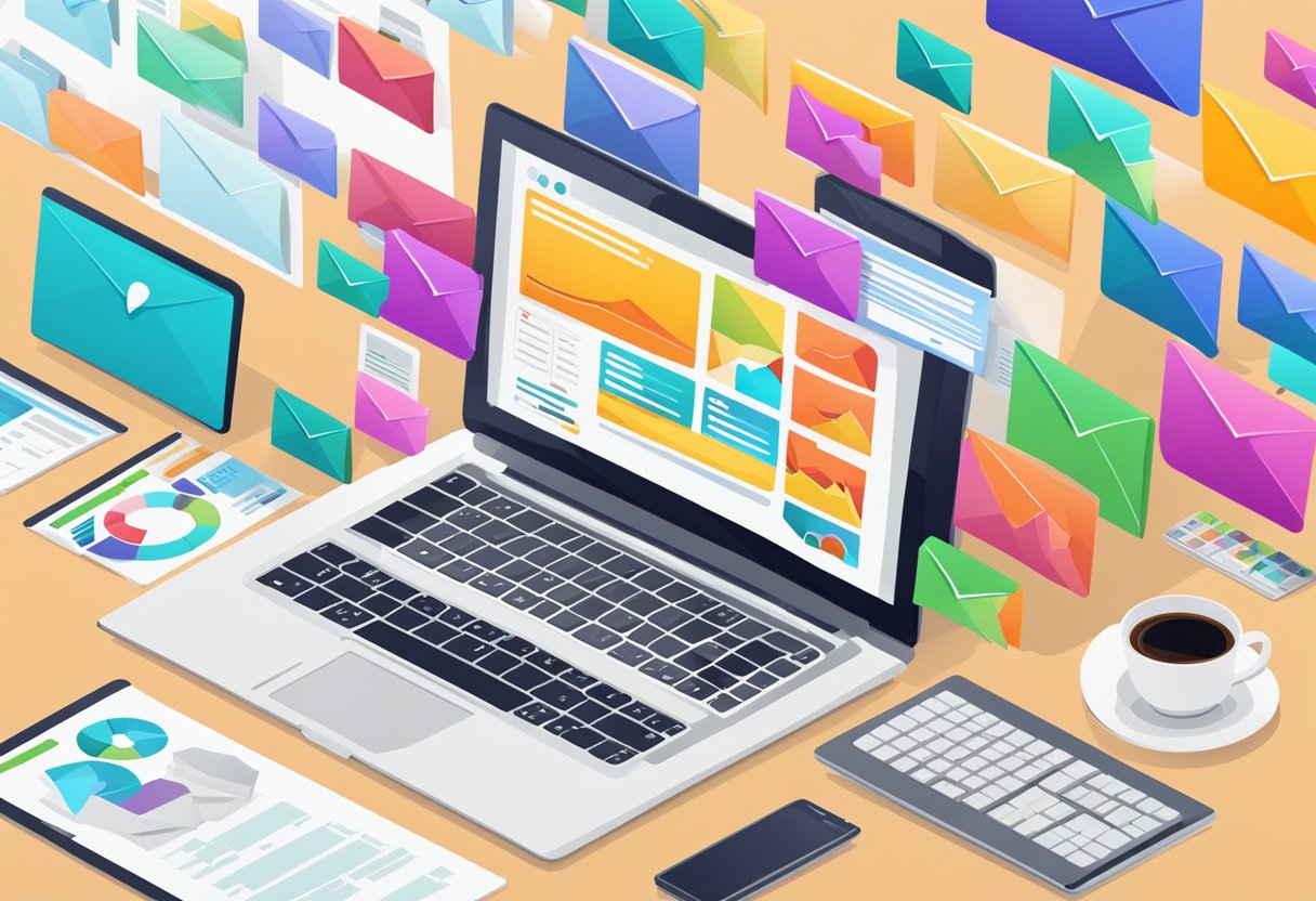 A laptop displaying an email marketing dashboard with graphs and charts, surrounded by a variety of colorful and engaging email templates