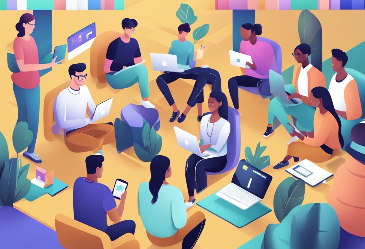 A group of diverse customers engage with a digital loyalty programme on their devices, earning points and rewards for their continued business