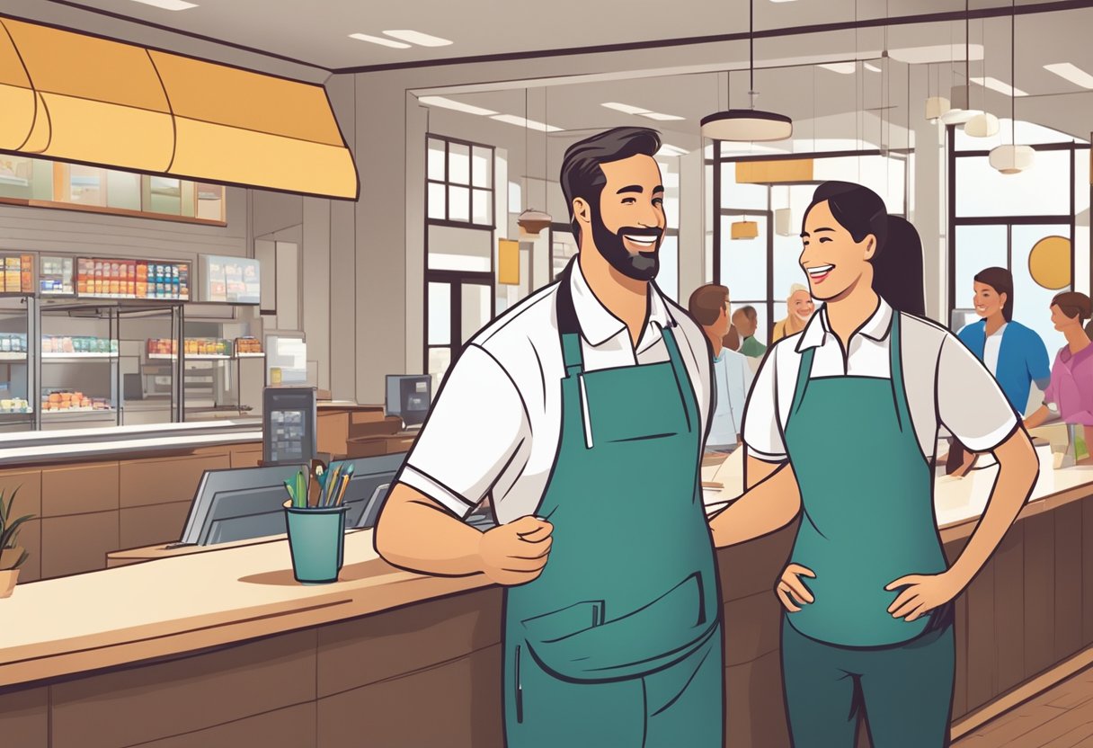 A friendly employee engages with local customers, creating a warm and welcoming atmosphere in the new franchise location. Customers chat and smile, spreading positive word-of-mouth