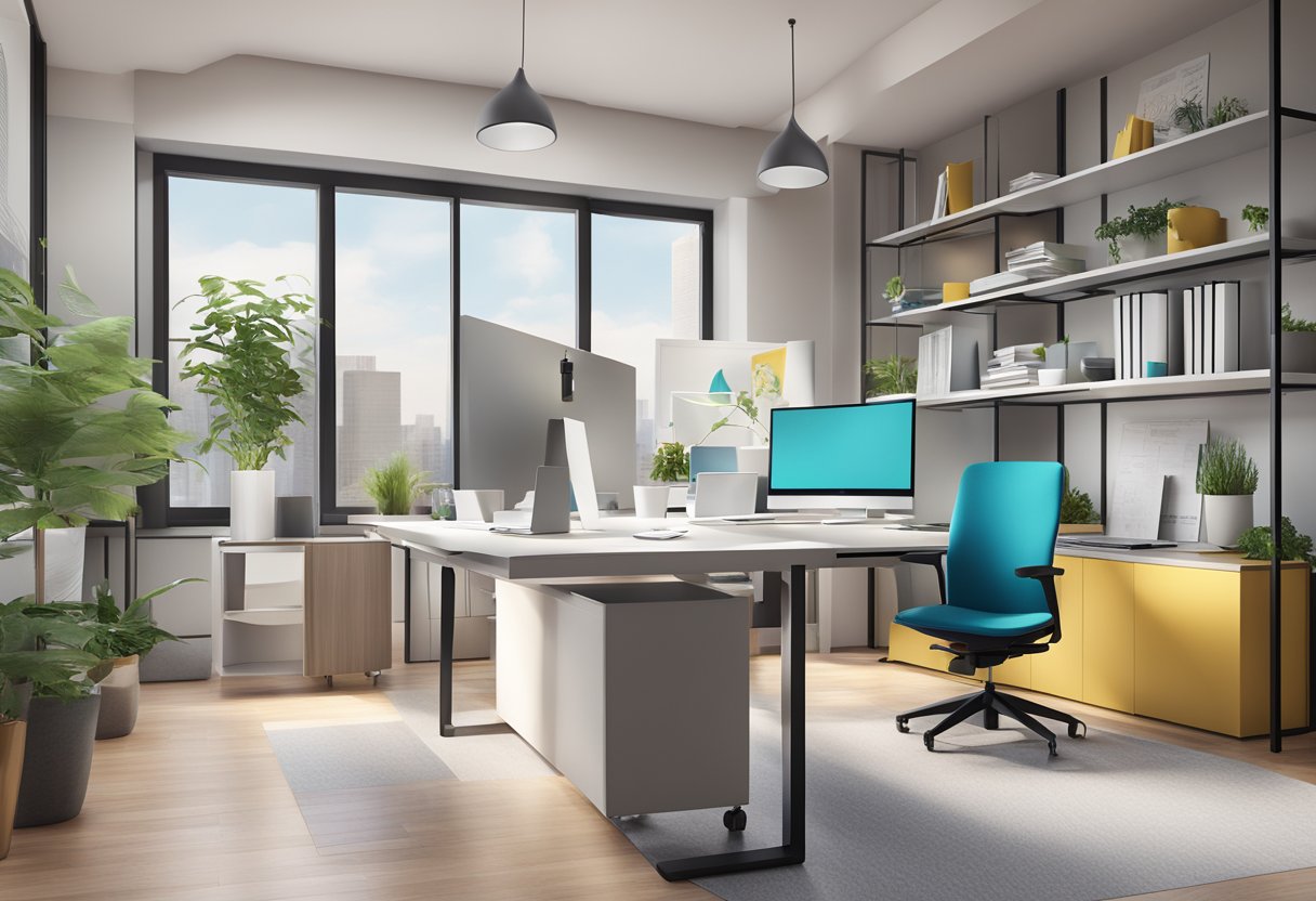 A modern office space with sleek branding materials and digital design tools
