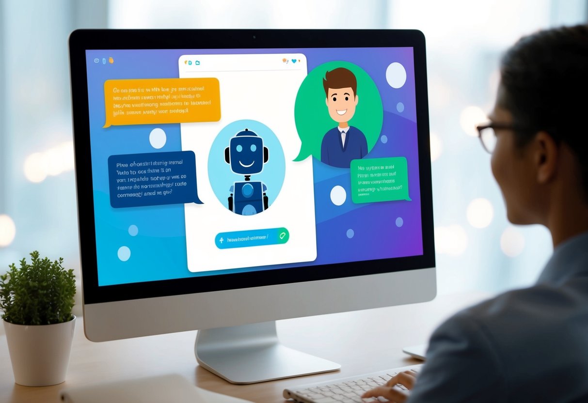 A chatbot interacts with a customer on a computer screen, displaying a friendly and helpful conversation