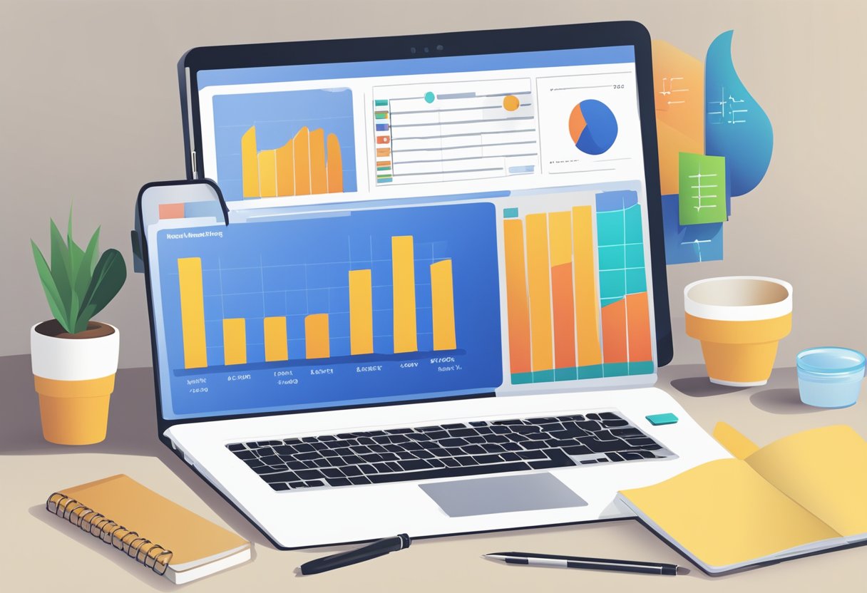 A laptop displaying a graph of digital marketing metrics with a pen and notebook nearby for note-taking