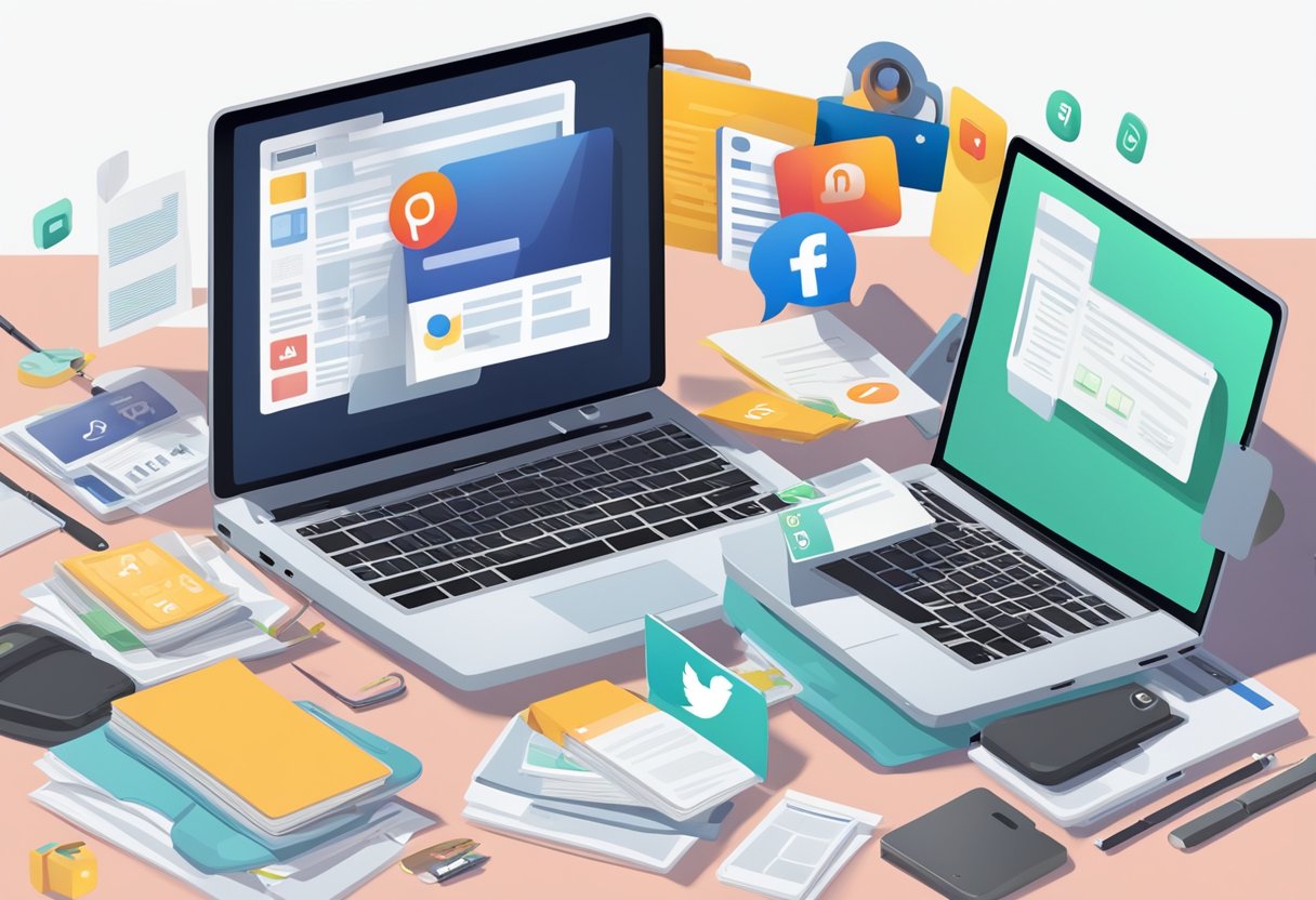 A laptop displaying social media platforms with legal documents and giveaway items scattered around