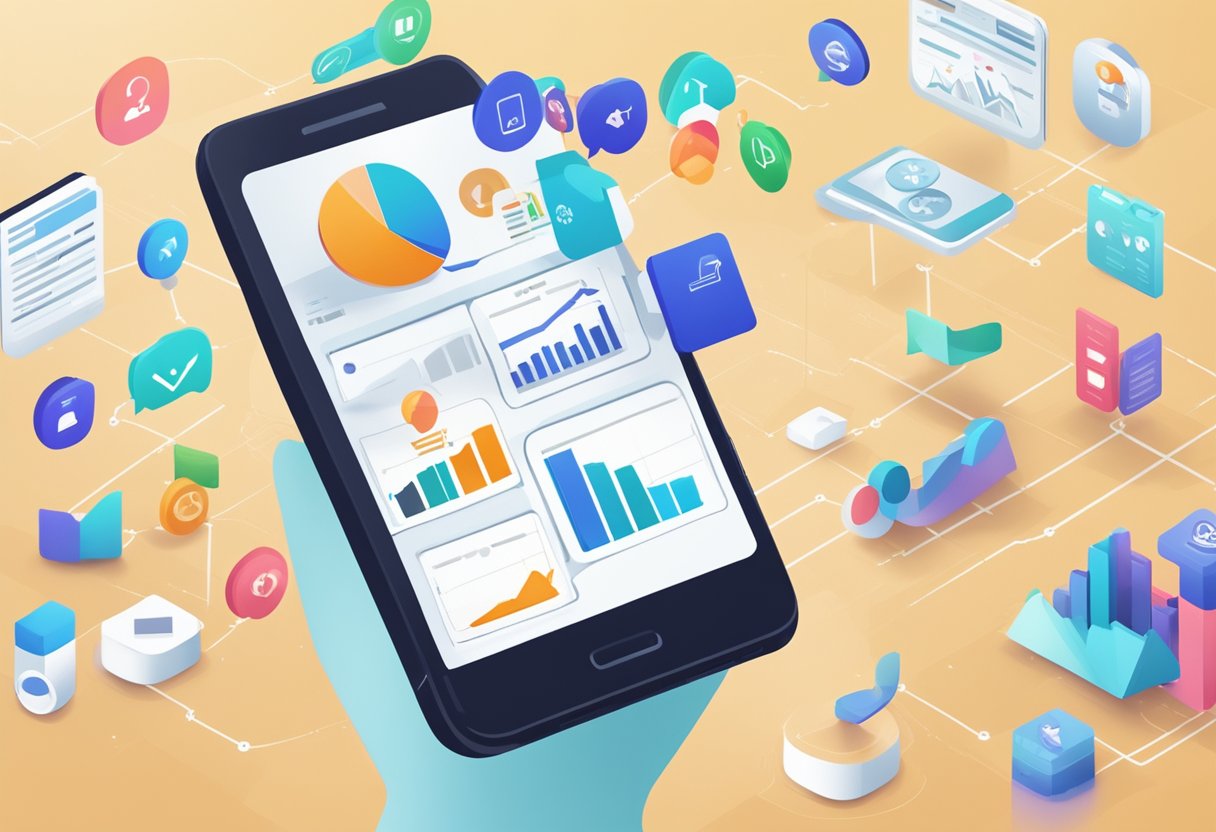 A smartphone displaying a series of SMS marketing campaign messages with analytics graphs in the background