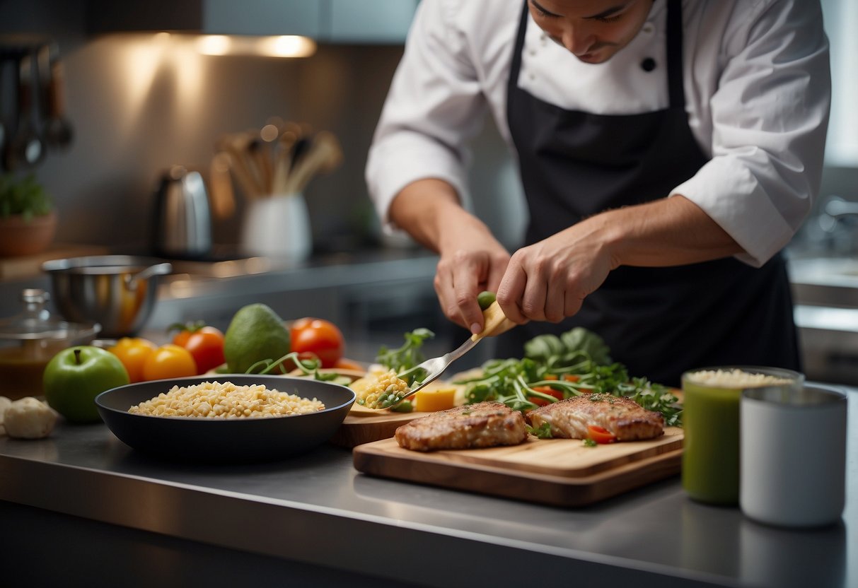 A chef creating visually appealing dishes for social media posts. Ingredients and cooking utensils are neatly arranged on a clean, well-lit kitchen counter