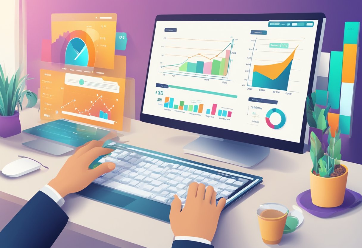 A computer screen displaying various digital marketing metrics with a chart showing performance trends. A person's hand hovers over a mouse, ready to click for more details