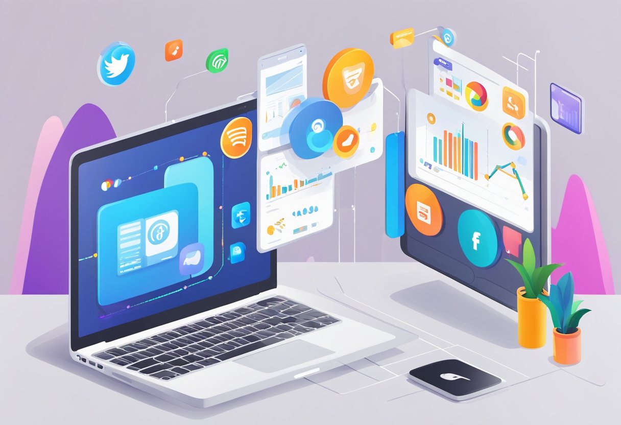 A laptop displaying social media profiles with running competitions and giveaways. Graphs and charts tracking success metrics in the background