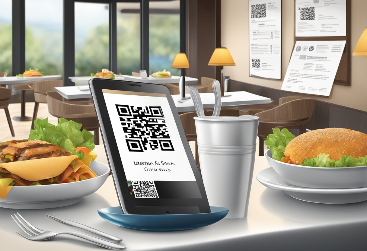 A restaurant table with a QR code displayed on the menu and promotional materials