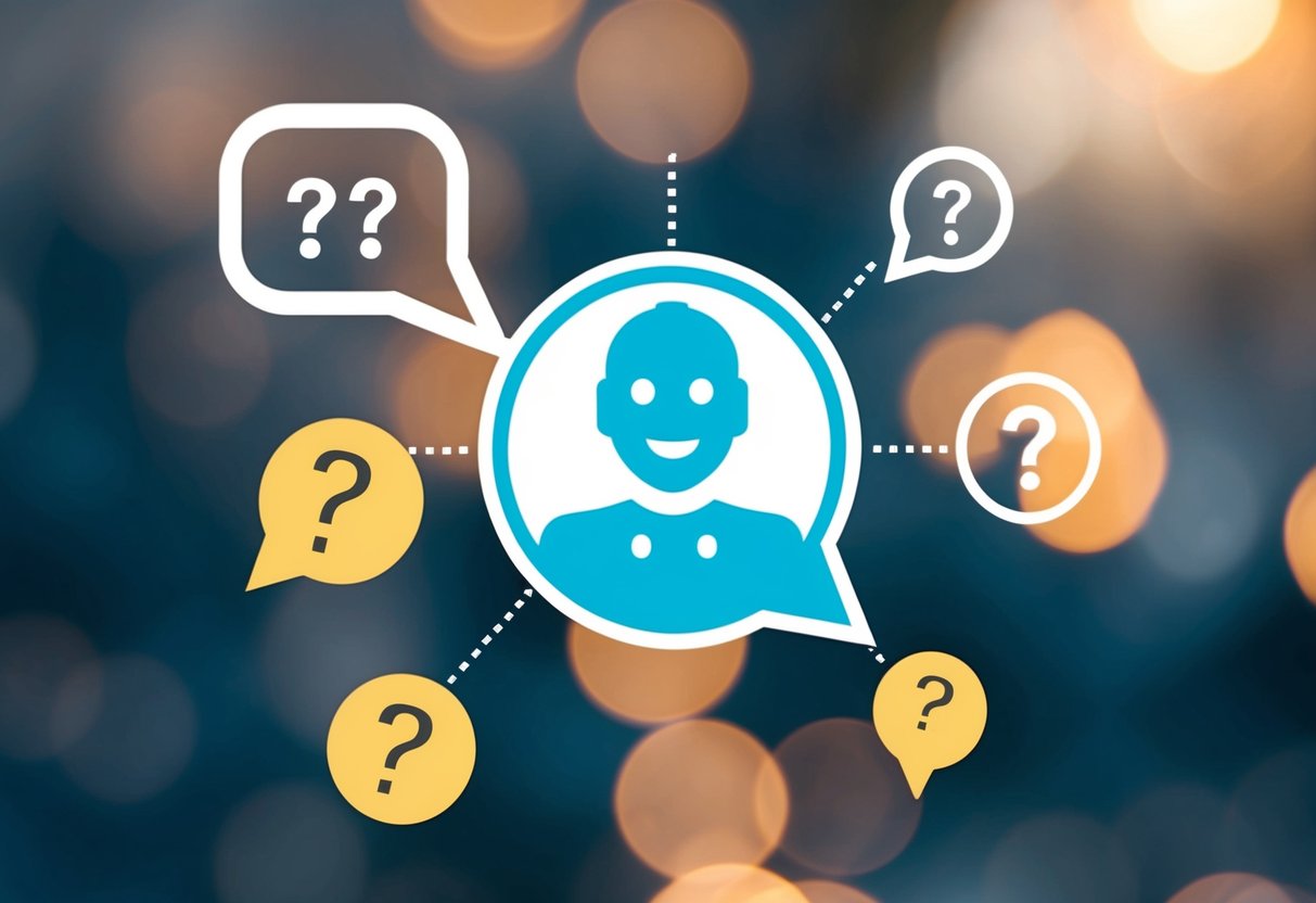 A chatbot icon with speech bubbles surrounded by question marks