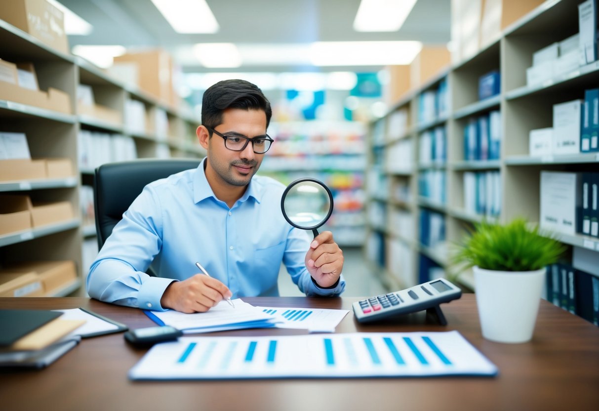 A store manager reviewing sales data and marketing materials with a magnifying glass and calculator on a desk