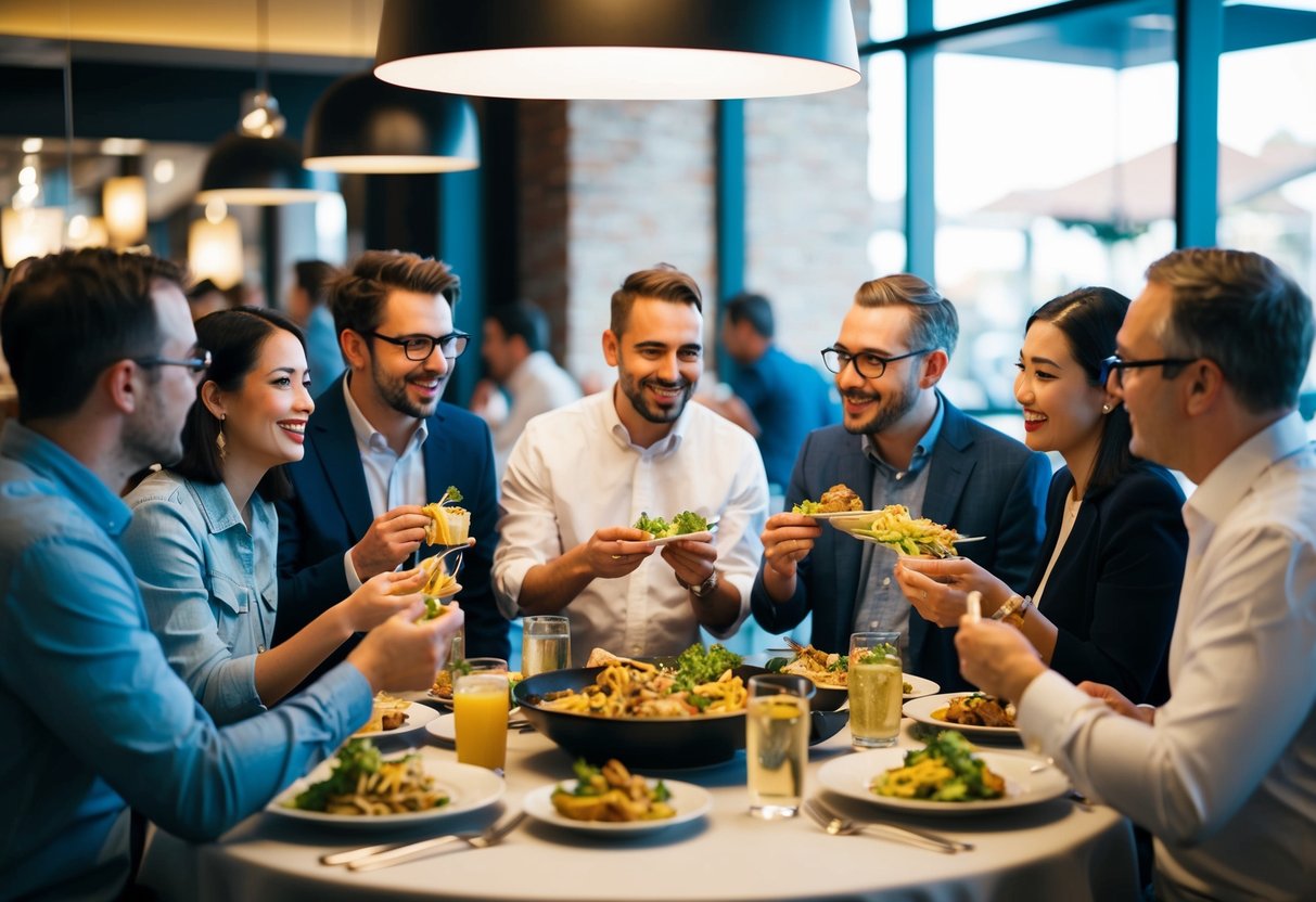 A group of local bloggers and food critics gather around a table, sampling and discussing various dishes from a restaurant. The atmosphere is lively and engaging as they exchange ideas and opinions