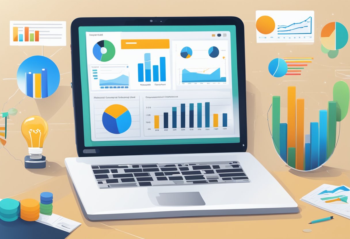 A laptop with a graph showing campaign objectives and email marketing statistics on the screen, surrounded by various marketing materials and charts