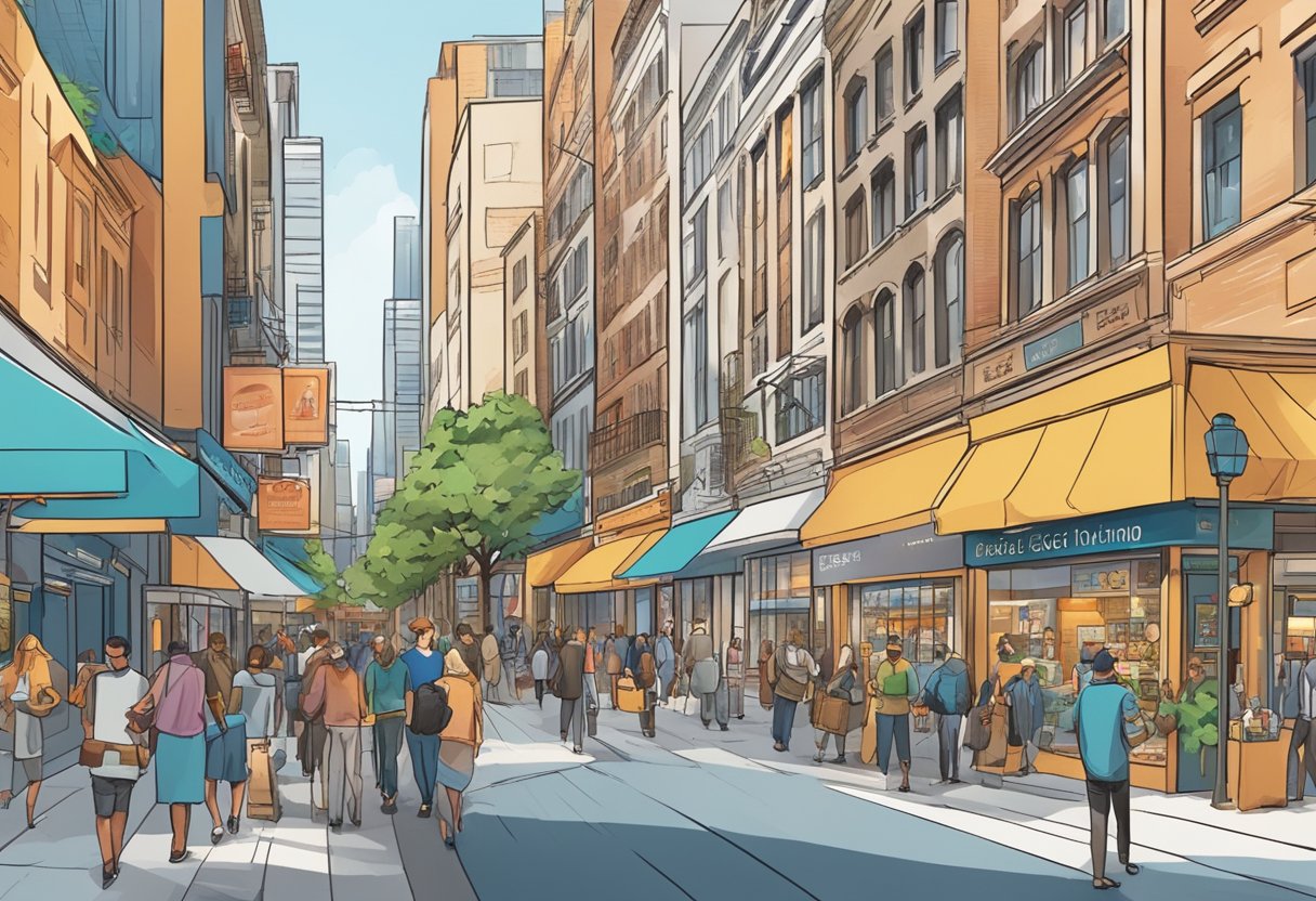 A bustling city street with various storefronts displaying different products and services, while people interact with eye-catching direct response advertising displays