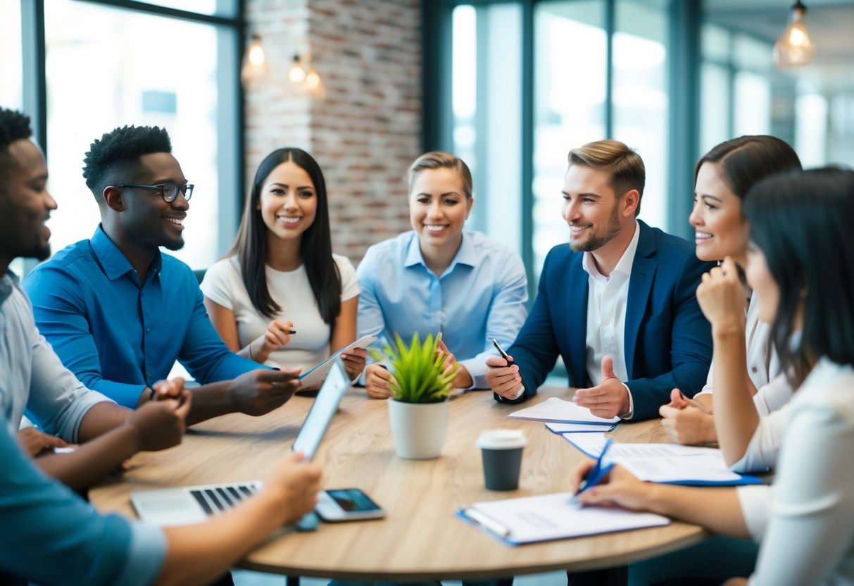 A group of diverse customers giving feedback and ratings, while a company representative listens and takes notes for future improvement
