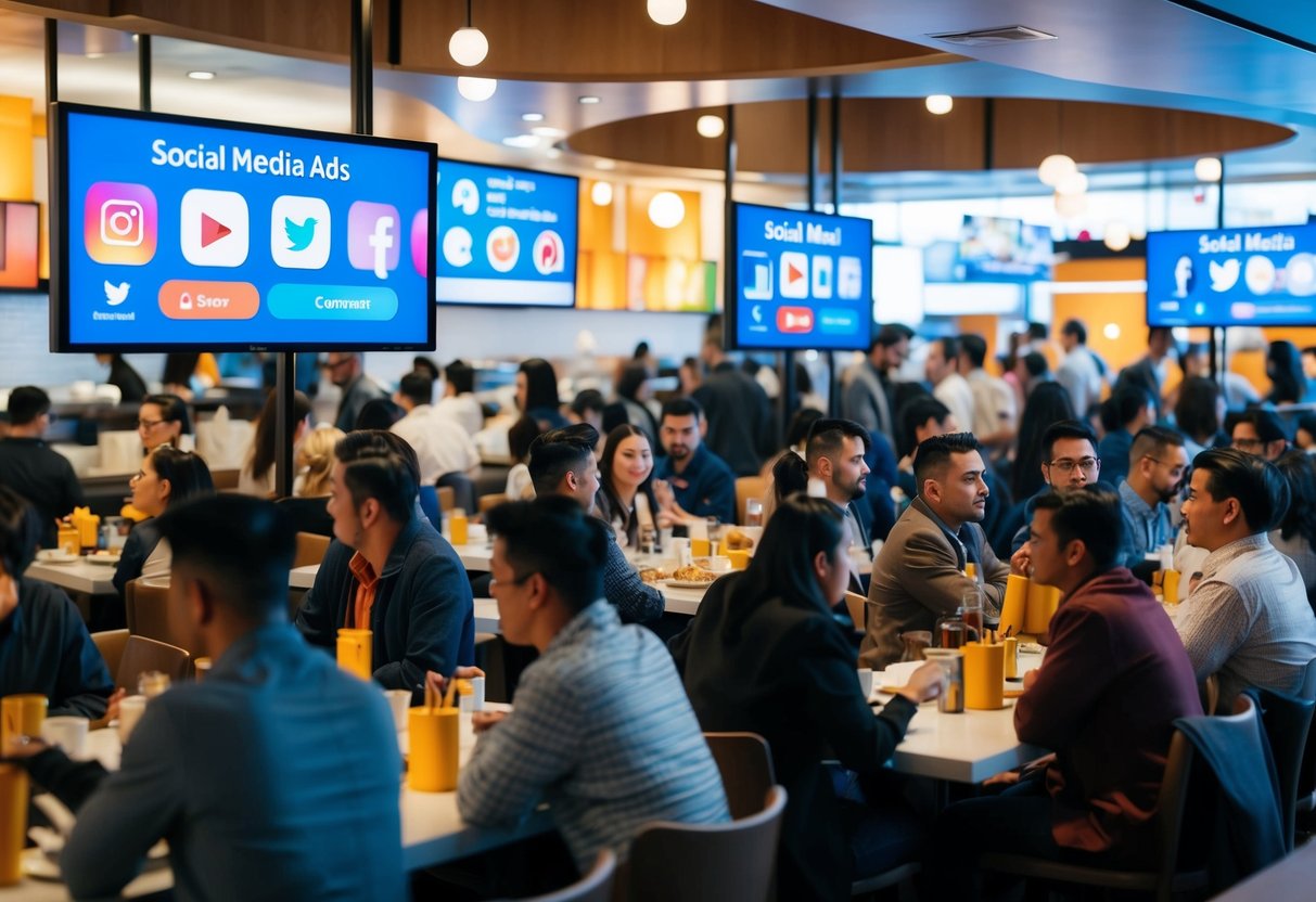 A bustling quick service restaurant with social media ads displayed on digital screens, attracting a diverse crowd of customers