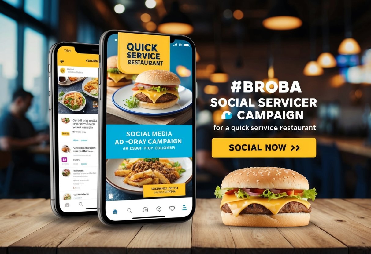 A vibrant social media ad campaign for a quick service restaurant, featuring eye-catching imagery and engaging content to attract customers