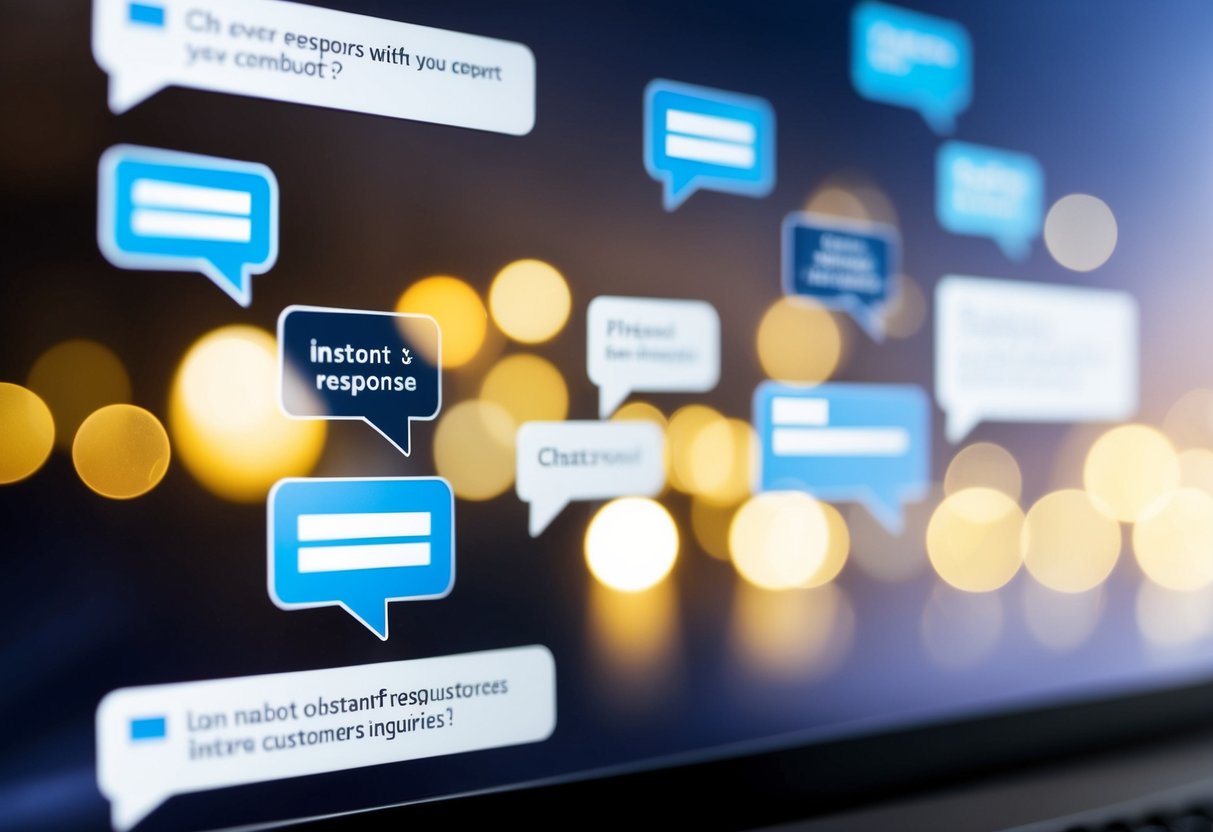 A chatbot interface on a computer screen with multiple chat bubbles showing instant responses to customer inquiries
