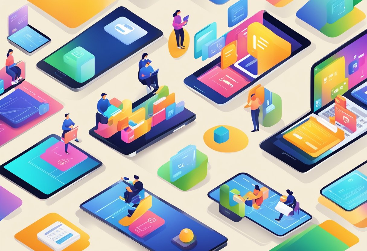 Customers interacting with digital devices, earning rewards, and enjoying seamless experiences. Brand logos and digital interface elements prominently displayed