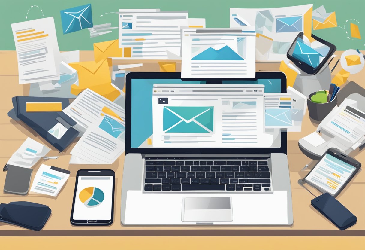 An email marketing campaign being executed with a computer, smartphone, and various marketing materials spread out on a desk