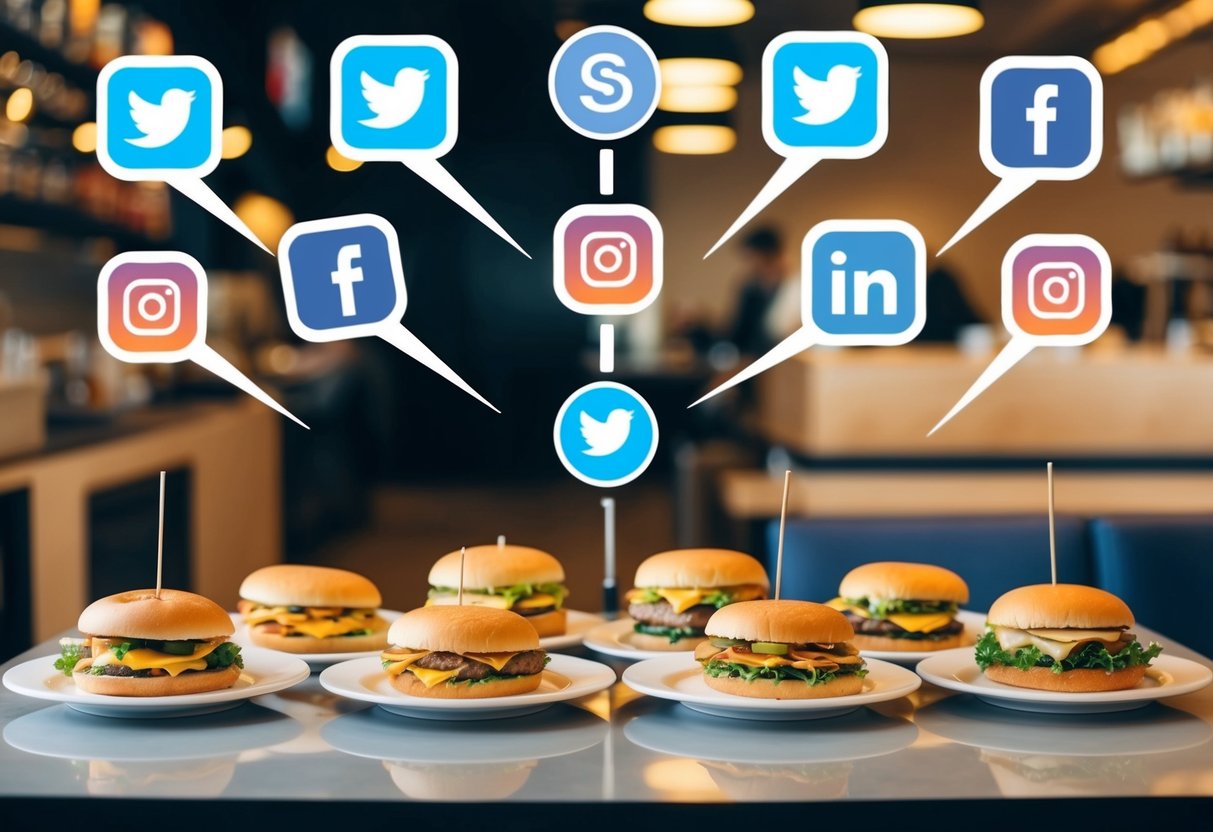 A table set with a variety of quick service restaurant meals, surrounded by social media icons and symbols of customer satisfaction