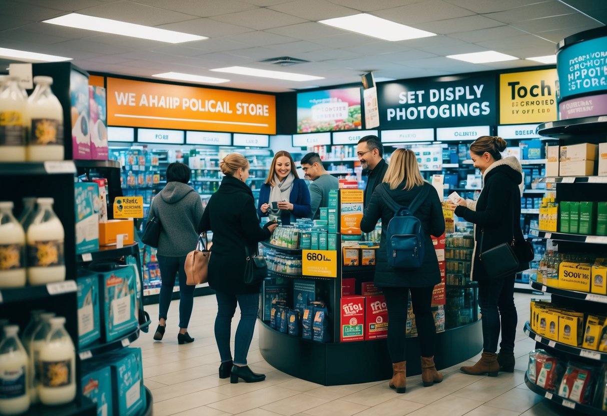 A local store with various promotional materials and advertising displays, surrounded by customers interacting with the products and making purchases