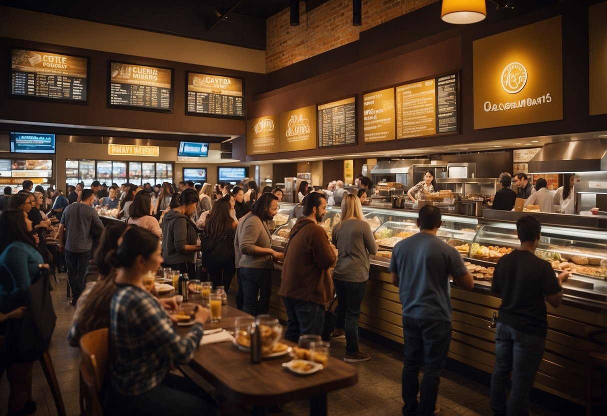 A crowded local food and beverage establishment with customers eagerly redeeming loyalty rewards while others eagerly sign up for the program