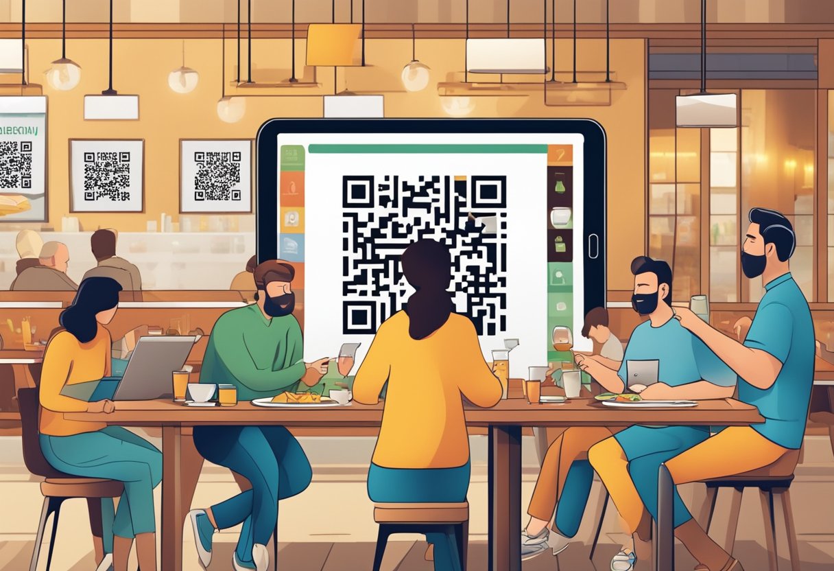 A restaurant table with a QR code menu placed on it, surrounded by customers enjoying their meals
