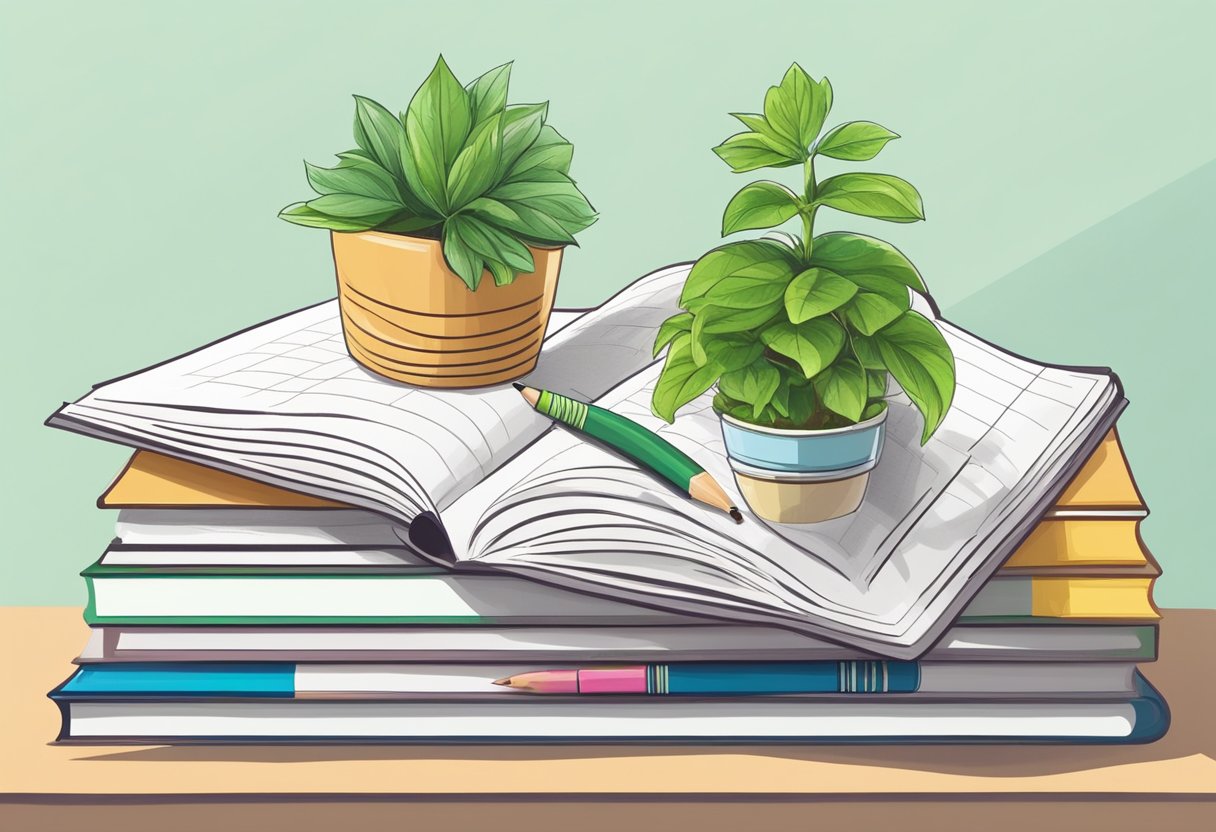 A stack of books with a plant growing from the top, surrounded by a ruler, pencil, and graph paper