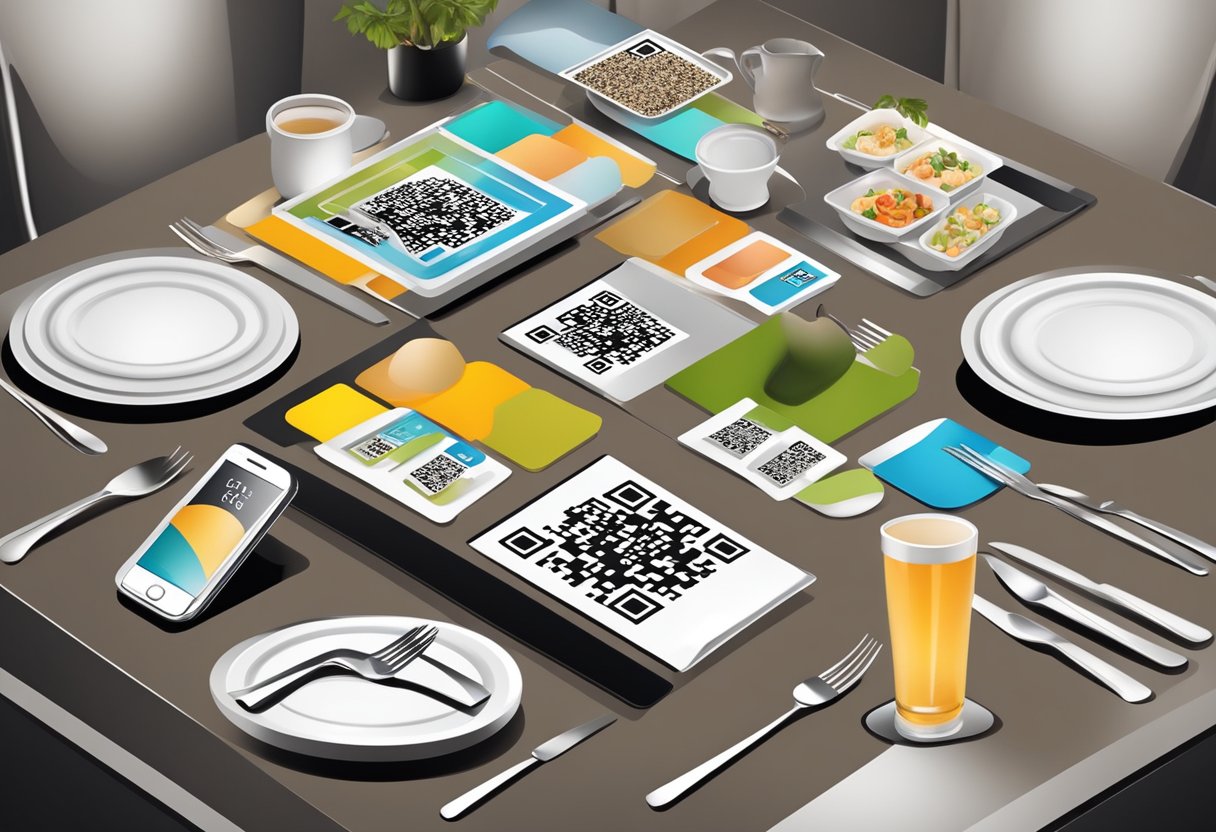 A restaurant table with a QR code menu displayed on a smartphone or table stand, surrounded by plates and cutlery